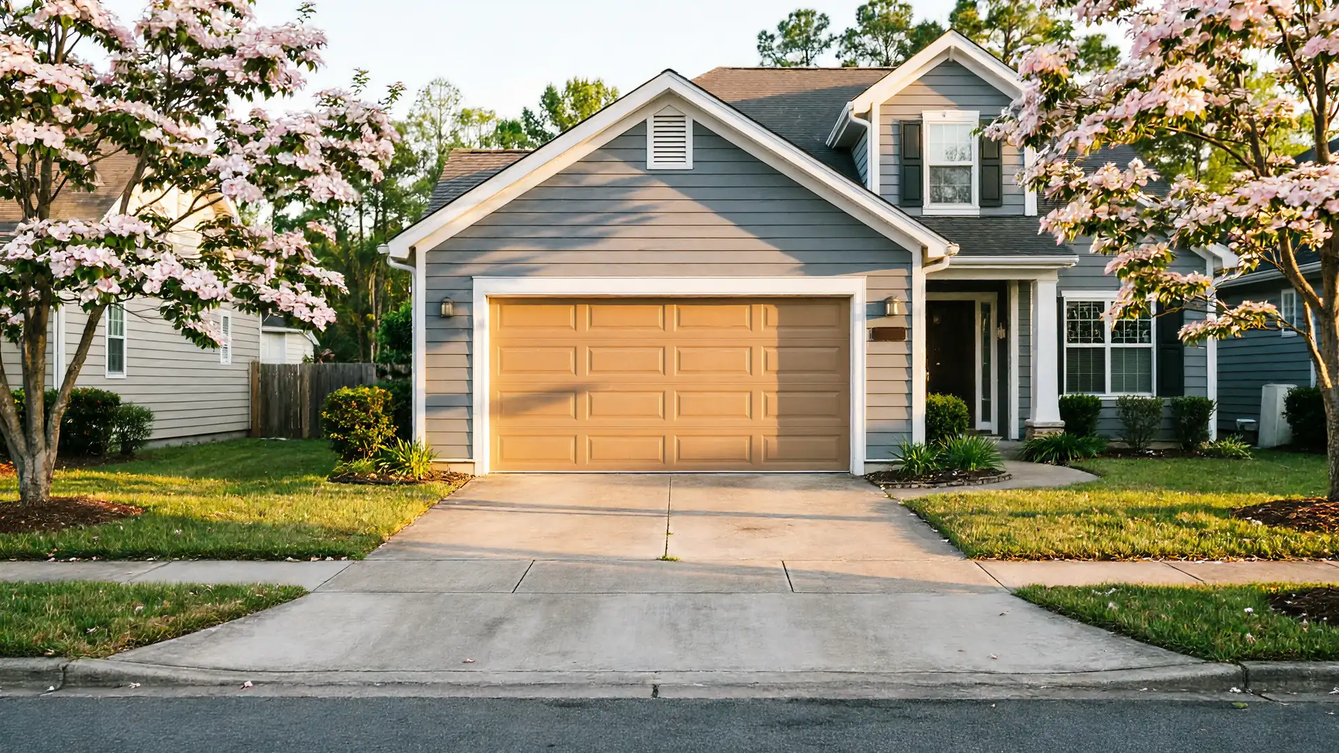 A light brown garage door is on a gray house with blooming trees.