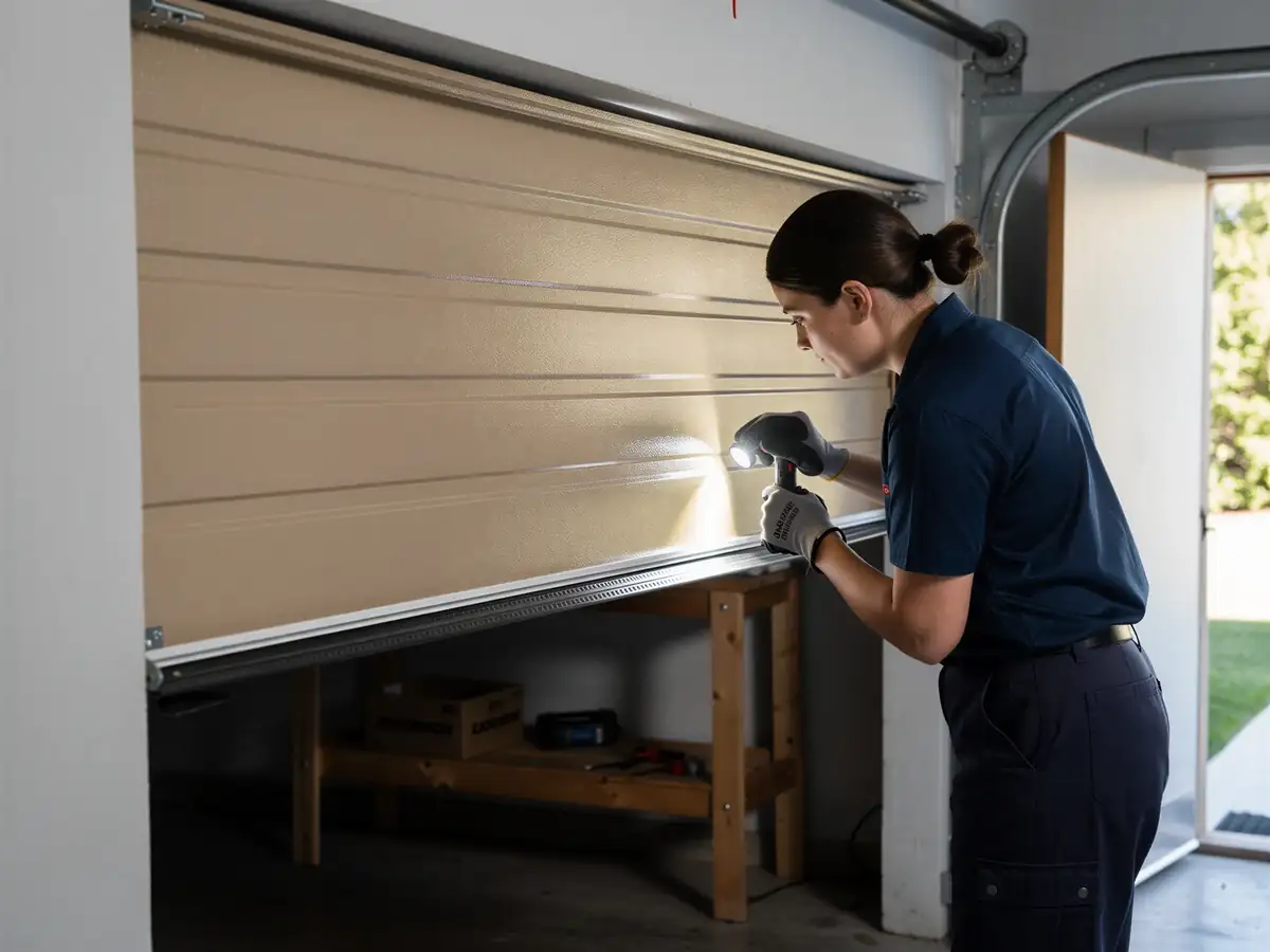 A technician shines a flashlight on the bottom of a beige garage door.