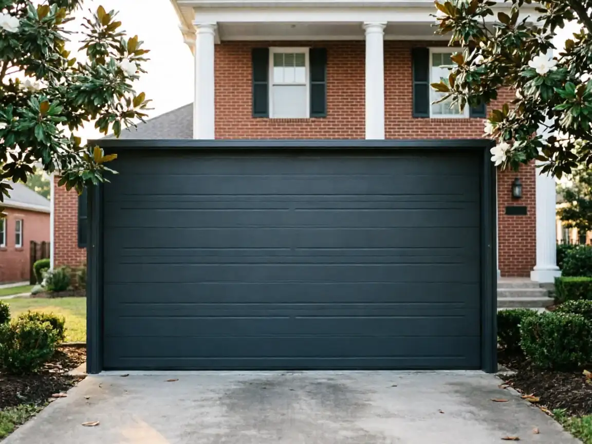 A dark gray garage door is centered on a brick house with white columns.