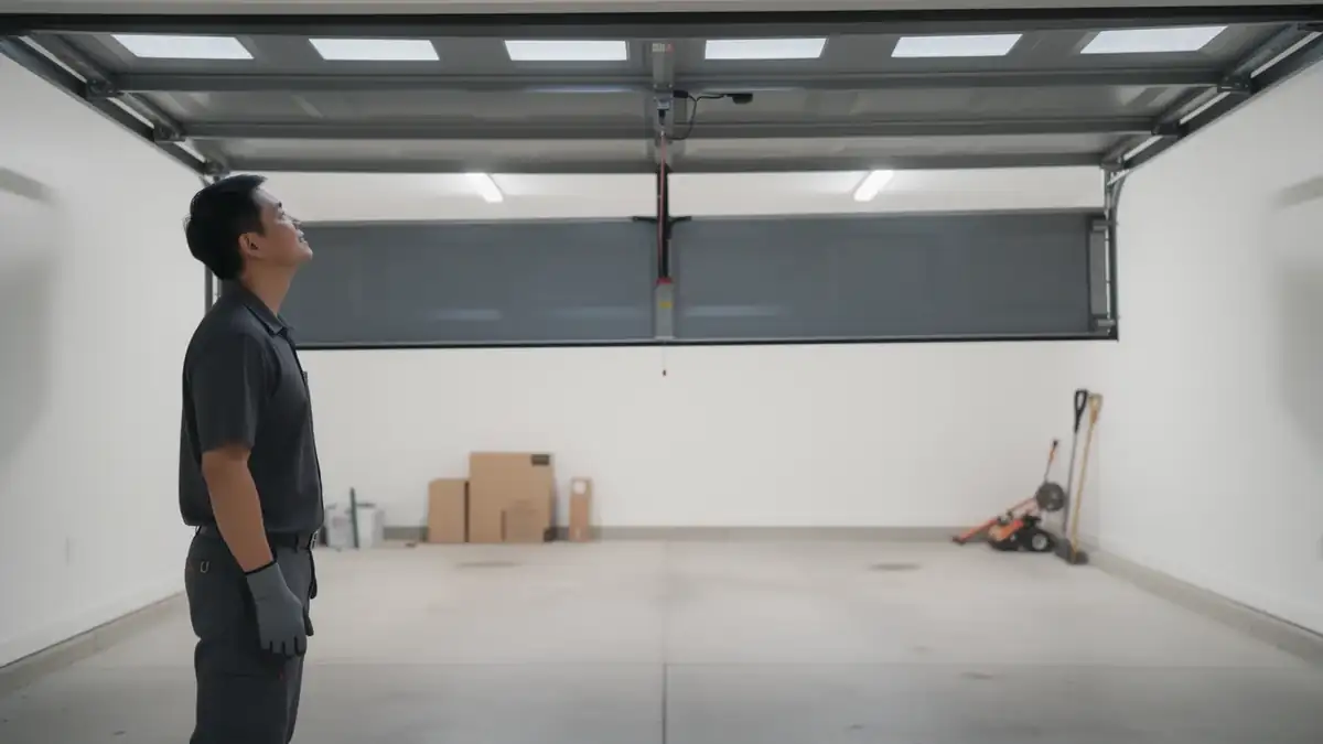 A technician in a gray uniform looks up at an open garage door.