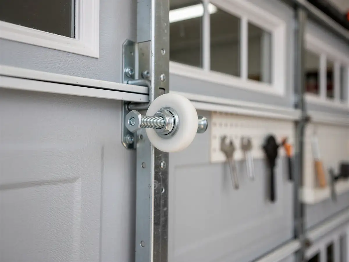 A white garage door roller is attached to a gray garage door.