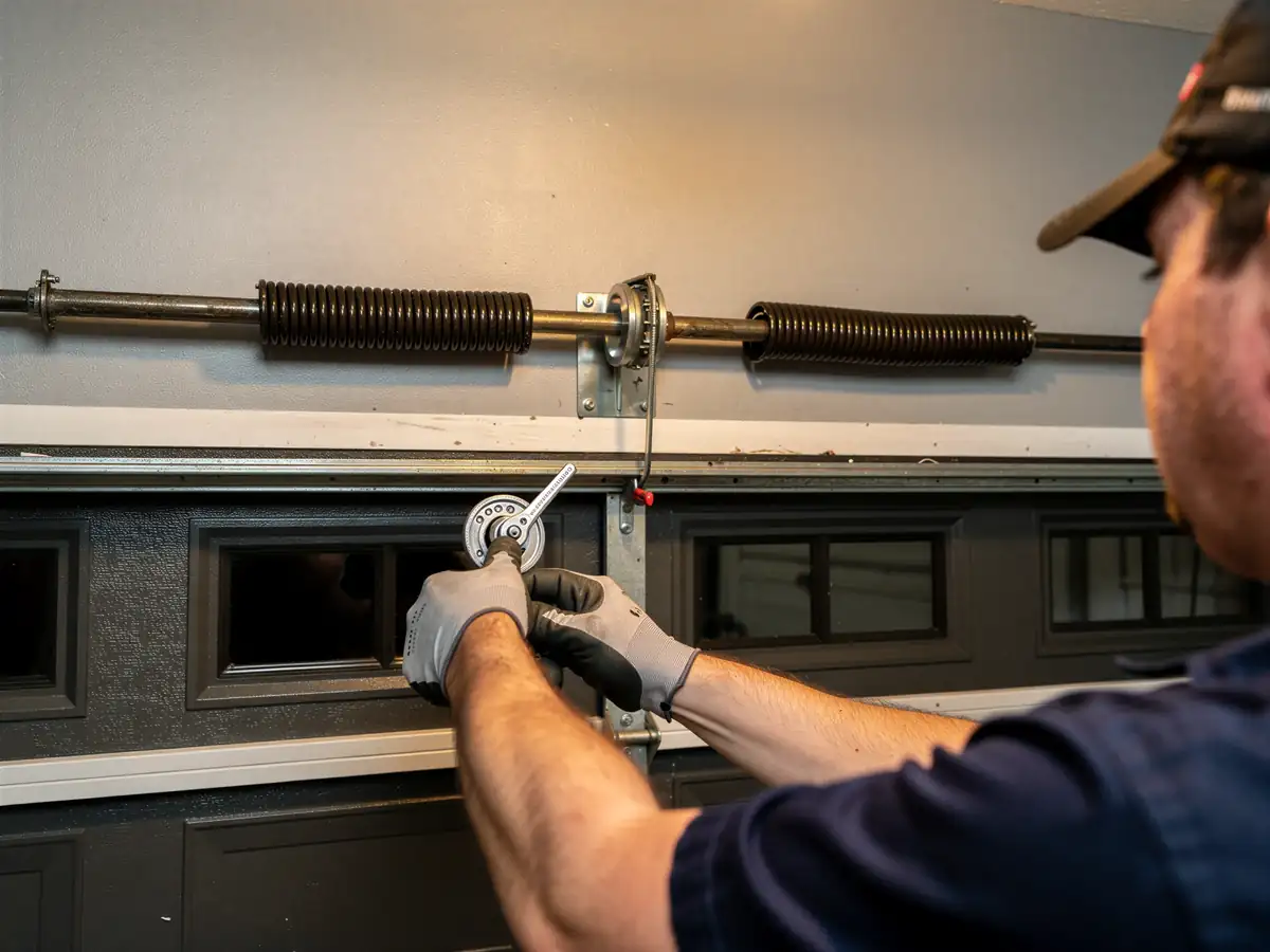 A technician adjusts the torsion spring above a dark gray garage door.
